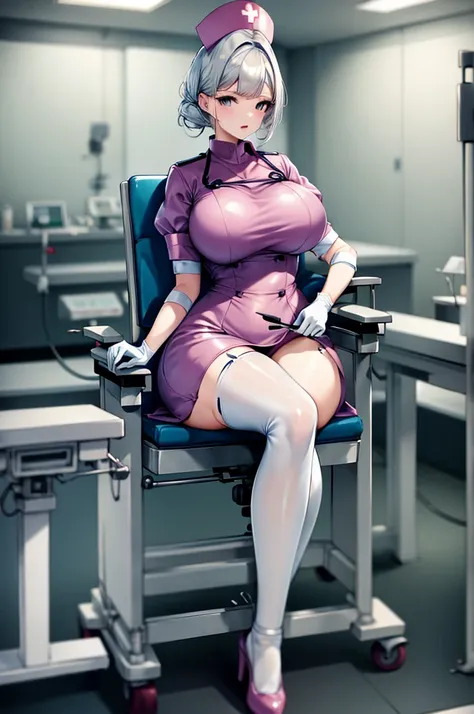 nurse uniform,hospital, latex nurse suit,nurses,busty,elbow gloves,labcoat,white hair woman,white eyes , gigantic ,medical instr...