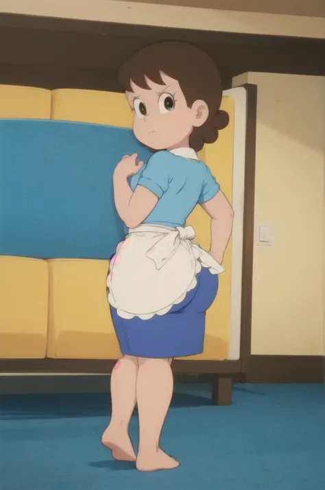 mamauedono,retro artstyle,1980s \(style\),female,shirt,skirt,apron,,angry, full body, big butt, full body, bubble butt, looking ...