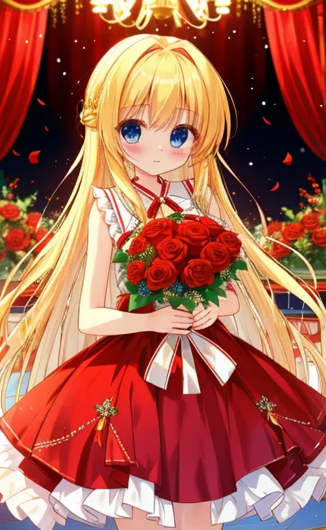  beautiful long blonde hair 　 blue eyes 　  cowboy shot　 red long cocktail dress with a bouquet of red roses in hands　on stage　Holding a bouquet of red roses in hand