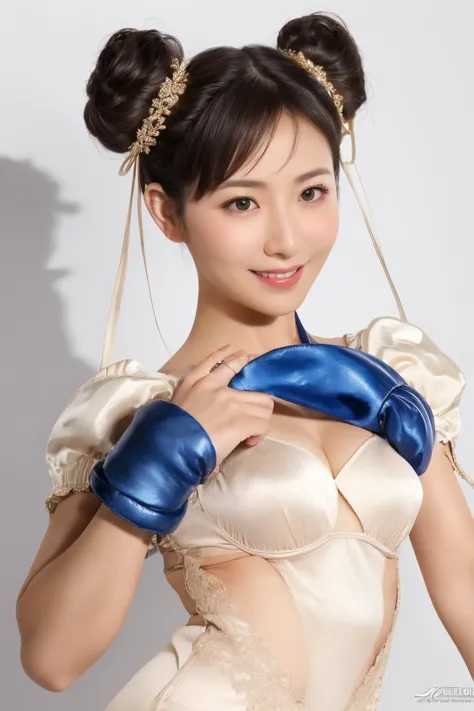 street fighter character chun li，wear a classic blue and white lace bra,thong,plump breasts， white trim and gold embellishment ，...