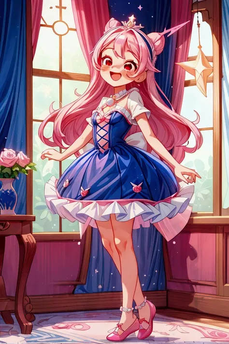 (masterpiece, best quality) standing, indoor, intricate detail, sunlight, pearl white and navy blue frill dress, pink rose hair,  laughing like crazy, red eyes, cute stars diadema, sexy pose, navy blue shoes, coquette, gorgeous legs, mature teenager body, ...