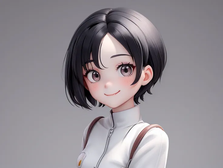 Im creating a character　Forehead　((Alone:1.52))、 HIGH SCHOOL GIRL、 boyish、 20 year old high school girl with a wry smile、（Sublime Beauty、Elegant and graceful: 1.2）、 pretty face、 short hair、amount、Black Hair、 center part 