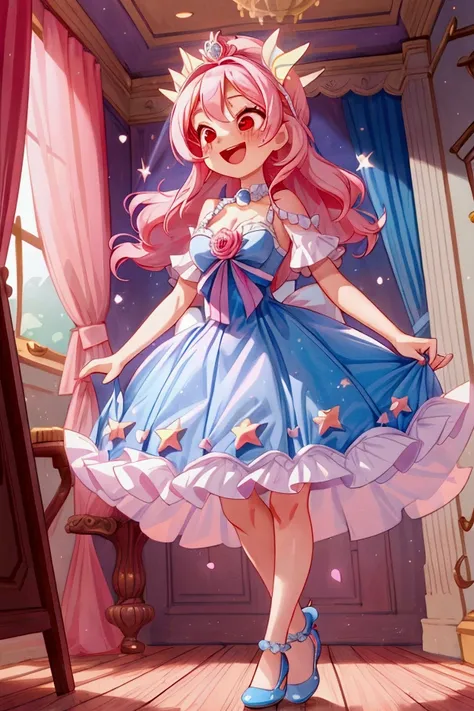 (masterpiece, best quality) standing, indoor, intricate detail, sunlight, navy and pearl white frill dress short neckline, pink rose hair, laughing like crazy, red eyes, cute stars diadema,, sexy pose, blue shoes, coquette, gorgeous legs, mature teenager b...