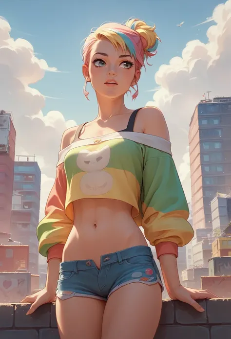 score_9, score_8_up, 1girl, 20 years old, cowboy shot, hotpants, on the rooftop, funky colorful fashion, (Thick body:1.1), navel, off shoulder, 