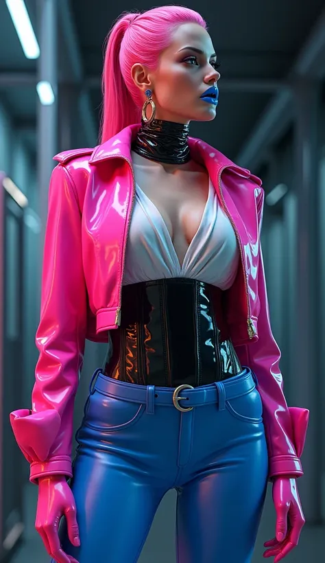 Angelina jolie, vue de profile, latex brillant, dominatrice, chemisier en latex blanc, serre taille latex noir, costume pantalon en latex bleu, ceinture latex noir, futuriste veste courte en latex rose fluo, larges épaulettes en latex rose fluo, cuissardes...