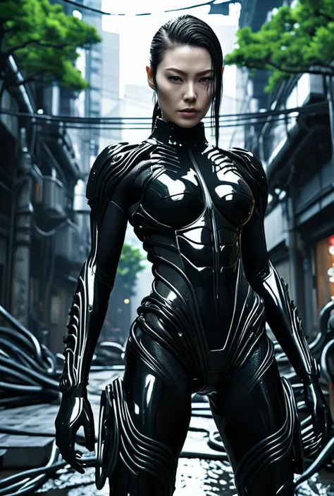 A Japanese mutant mercenary woman with pale skin and a muscular body encased in black liquid transforming into a black Giger-style suit, révélant les contours de ses muscles,   in a cyberpunk city filled with cable-like tree roots that cover all buildings ...