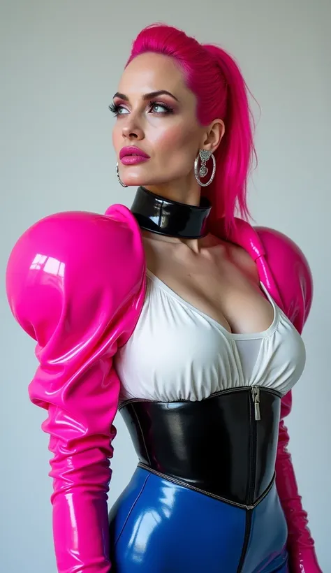 angelina jolie, vue de profil, latex brillant, dominatrice, chemisier en latex blanc, serre taille latex noir, costume pantalon en latex bleu, ceinture latex noir, futuriste veste courte en latex rose fluo, larges épaulettes en latex rose fluo, cuissardes ...