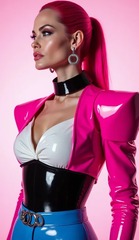 angelina jolie, vue de profil, latex brillant, dominatrice, chemisier en latex blanc, serre taille latex noir, costume pantalon en latex bleu, ceinture latex noir, futuriste veste courte en latex rose fluo, larges épaulettes en latex rose fluo, cuissardes ...