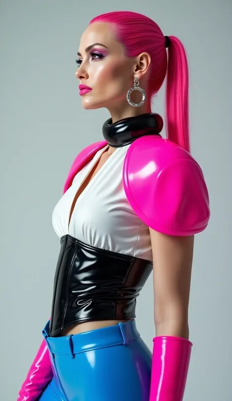 angelina jolie, vue de profil, latex brillant, dominatrice, chemisier en latex blanc, serre taille latex noir, costume pantalon en latex bleu, ceinture latex noir, futuriste veste courte en latex rose fluo, larges épaulettes en latex rose fluo, cuissardes ...