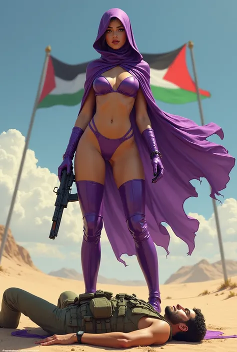 (SFW) Beautiful, young, tall, shapely girl wearing PURPLE thigh high boots, very skimpy high cut PURPLE bikini thong panties, and long PURPLE gloves. She wears a PURPLE windblown flowing cape and a veil and hijab in the colors of the Palestinian flag. She ...