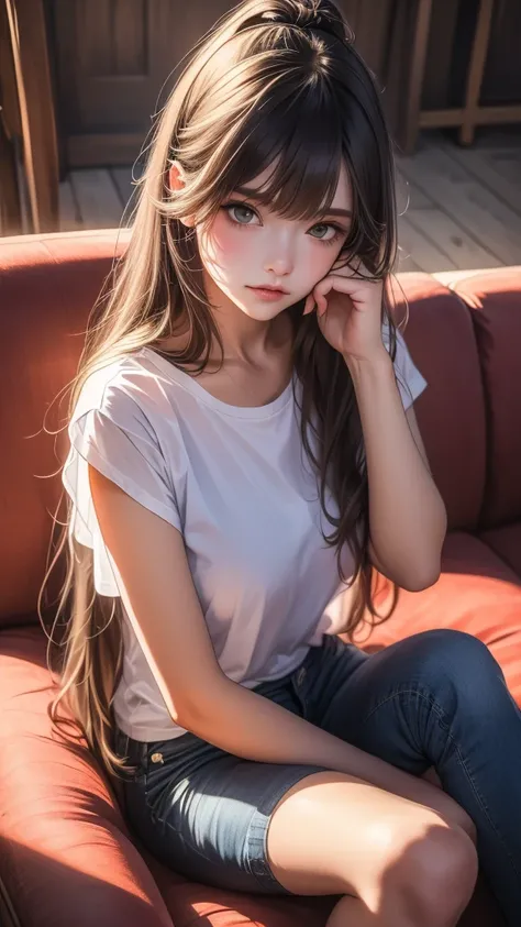 1 Girl, unique, best quality,  masterpiece , 8K,Raw photo, photo (Purpose),  extremely detailed , Raw, actual ,Sitting,  look at the audience ,jeans,White T-shirt,Long hair, dark hair, [sofa,