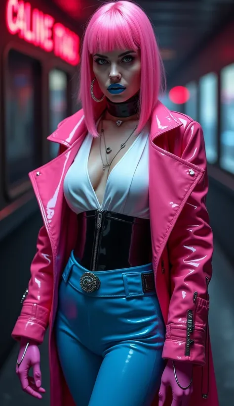 Angelina jolie, vue de derriere, latex brillant, , dominatrice, chemisier en latex blanc, serre taille latex noir, costume pantalon en latex bleu, ceinture latex noir, futuriste veste courte en latex rose fluo, larges épaulettes en latex rose fluo, cuissar...