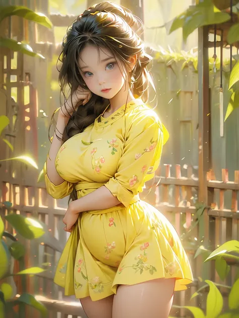 Anime portrait photo of a beautiful and cute teenage girl in the meadow, She is wearing a short, yellow floral swirly frock., Attractive feminine shape,   Beautiful Thighs, In, Disney Pixar


、 CG in detail , (Perfect fingers,   Full Anatomical Body Expres...