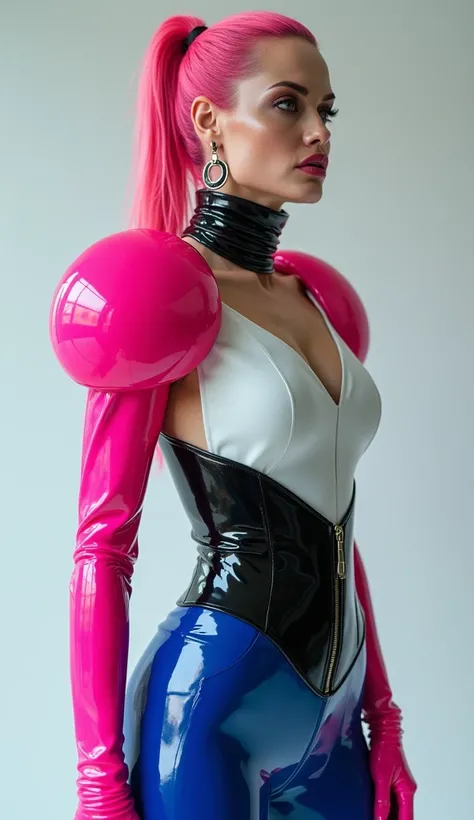 angelina jolie, vue de profil, latex brillant, dominatrice, chemisier en latex blanc, serre taille latex noir, costume pantalon en latex bleu, ceinture latex noir, futuriste veste courte en latex rose fluo, larges épaulettes en latex rose fluo, cuissardes ...