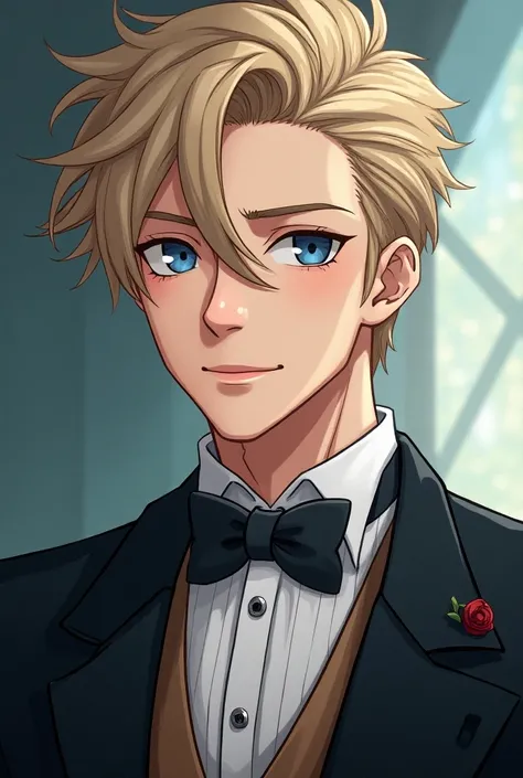 Image HD, an anime man, very man looking, messy ash blonde hair, blue sexy eyes, wearing Victorian clothes, smiling, de la cintura para arriba, webtoon ml