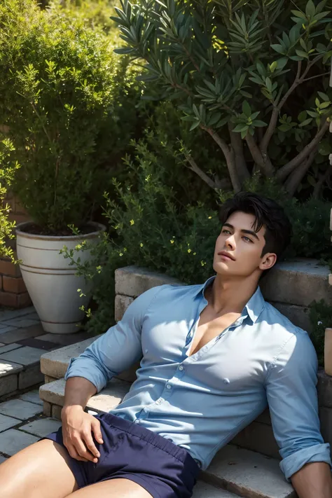  A rugged handsome man ， with a sun-loving kiss Skin and muscular body ， Lying in the Mediterranean garden ,  surrounded by olive trees and blossoming lavender bushes .  His unbuttoned linen shirt reveals a toned abs and chest ， made him feel relaxed , Car...