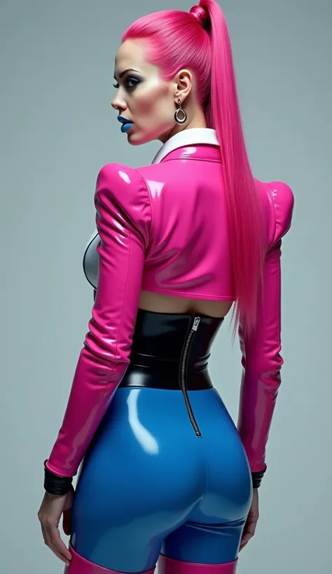 Angelina jolie, vue de dos, latex brillant, , dominatrice, chemisier en latex blanc latex, serre taille latex noir, costume pantalon en latex bleu, ceinture latex noir, futuriste veste courte en latex rose fluo, larges épaulettes en latex rose fluo, cuissa...