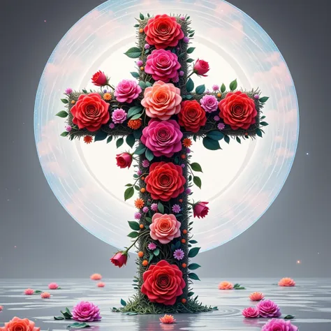 illustrate a beautifully designed cross formed by an array of vibrant and fresh roses. the cross should consist of two intersect...