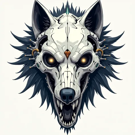 wolf skull, mecha head, vector art, front close up