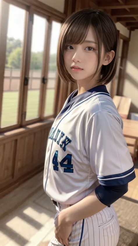 baseball cosplay,  baseball uniform, triumph expressions,1girl, wide angle shot, detailed uniform, look at viewer, depth of field,  detailed realistic background, diffused natural sunlight, diffused natural skin glow, summer, living room