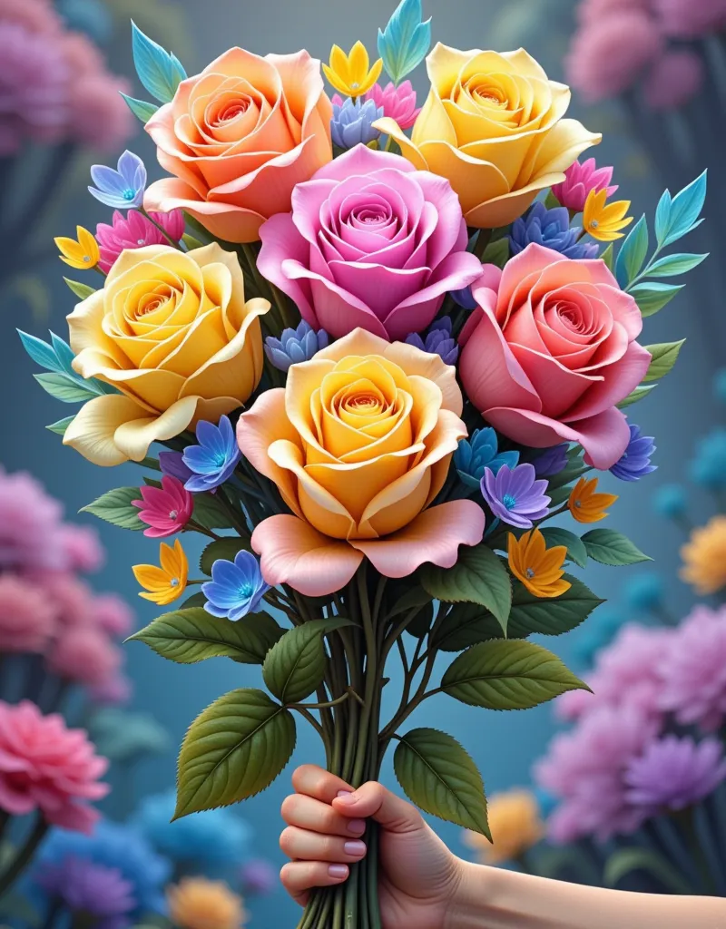 generate an image titled 'heartfelt rose dreams', showcasing a bouquet of vibrant roses in full bloom. each petal of the rose sh...