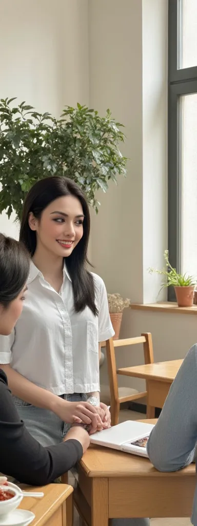 (photorealistic, masterpiece, high quality) A BEAUTIFUL WOMAN TALKING WITH A HANDSOME MAN IN CLASS. HANDS ON DESK. NEAR GLASSWINDOW, AODAI