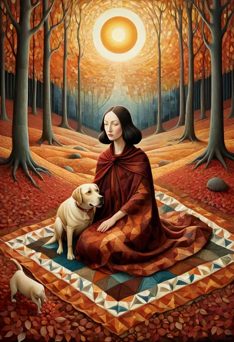 Breathtaking, rough impasto colourful acrylic art in the style of Amanda Clark, Jacek Yerka, Benjamin Lacombe and Amanda Sage. In the clearing of a chestnut forest, late autumn, a woman is sitting with her labrador dog, brown, and sews a wide patchwork bla...