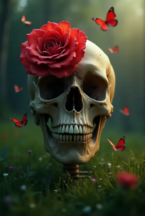 A skull with a red rose stuck in its eye、Bright grassland、Butterflies fluttering、髑髏とBright grasslandのコントラストを描く、Interesting contrasts、 surrealism 、Artwork、 sophisticated design 、 advanced lighting technology 、8k Quality