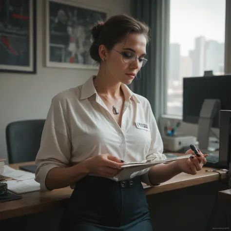 secretary in her first working day, modern offices, cyberpunk