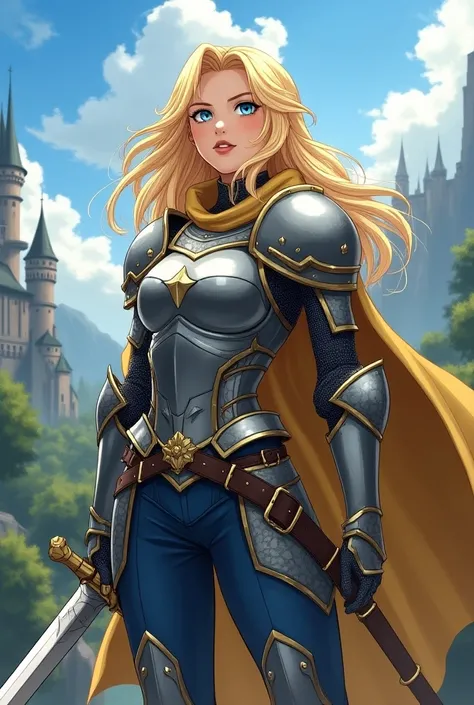 anime female knight with blonde hair and blue eyes and wield a sword