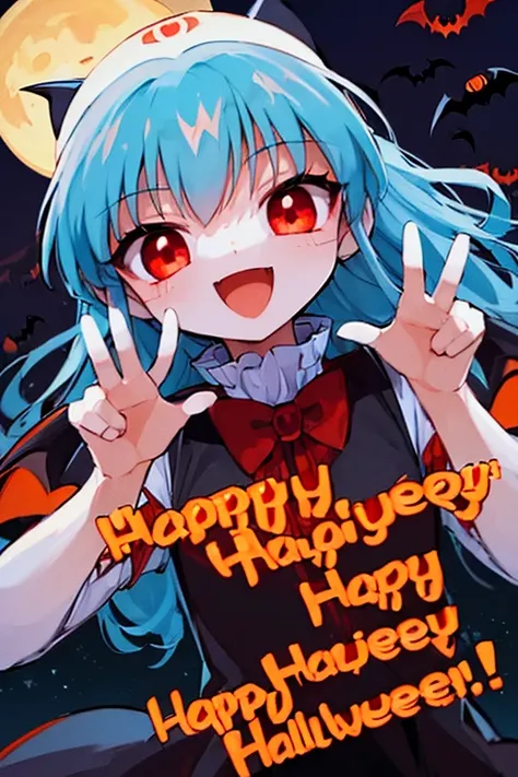 (((Vampire Costume, Happy Halloween, Surprising Poses, Smiling Face, Red Eyes, Vanilla H, Light Blue Hair, Galaxy Angel)))