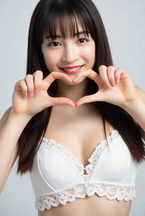 she is in a pose wearing a sexy camisole, making a firm big heart shape with both hands, and holding it in front of her chest, c...