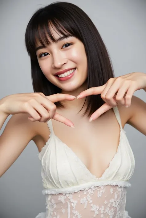 She is in a pose wearing a sexy camisole, making a firm big heart shape with both hands, and holding it in front of her chest, Cute smile up、Monotone background

