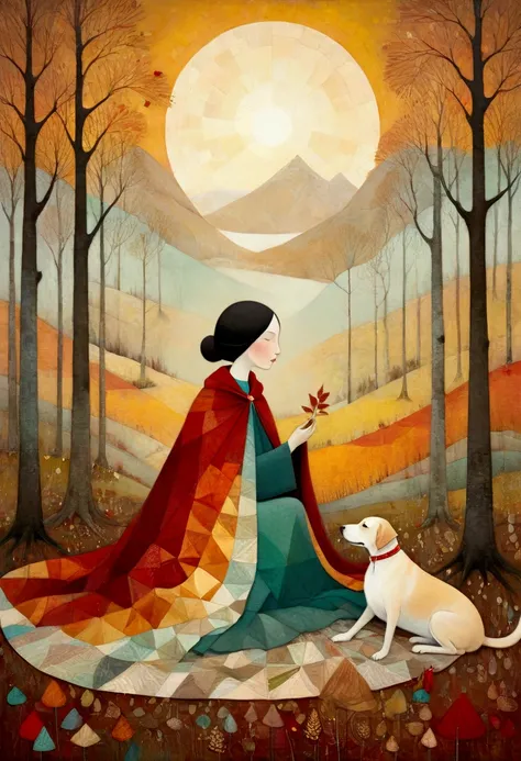 Breathtaking, rough impasto colourful acrylic art in the style of  Sam Toft, Florine Stettheimer, Dina Wakley, catrin welz-stein, Gabriel Pacheco. In the clearing of a chestnut forest, late autumn, a woman is sitting with her labrador dog, brown, and sews ...