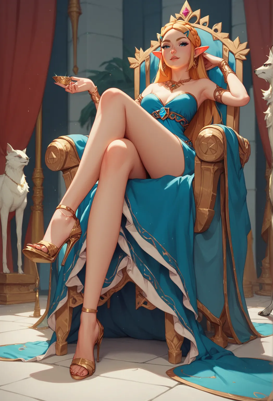 zelda wearing six inch heels in royal dress, throne