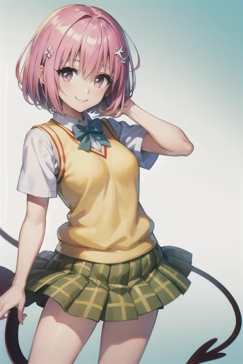 momo deviluke, hair flowers,  hair accessory ,  purple eyes、 pink hair, short hair, tail,demon tail, sainan high school uniform,...