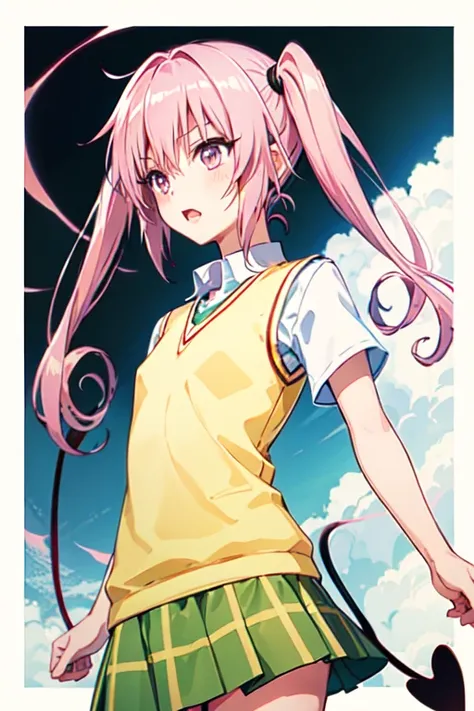 Nana Asta Deviluke, girl、一人の girl、tooth, Long Hair, Pink Eyes, Pink Hair, Tail, demon Tail、twintails,  flat chest,  white shirt , Sweater vest, (Yellow vest:1.1), Short sleeve,  Plaid Skirt ,  green skirt, Short sleeve, highest quality,blush