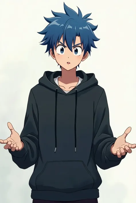 Creat anime character ( tall boy ) with blue hair wearing black hoodies trying to explain something 