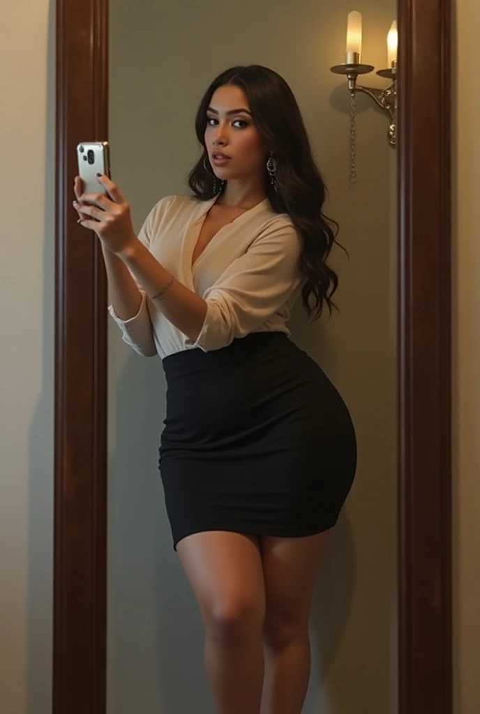 Fair skin teenage muslimah kim Kardashian skinny busty bootylicious slim thick curvy flaunts curves in extremely skin tight two piece full sleeves jewel neck top and high waisted pencil skirt dress.Head covered shoulder draped by Long sheer scarf. Long ear...