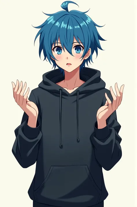 Creat anime character (tall boy) with blue hair wearing black hoodies and trying to explain something to us 