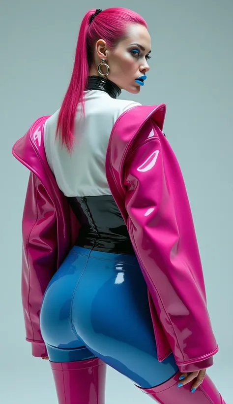 Angelina jolie, vue de dos, latex brillant, , dominatrice, chemisier en latex blanc latex, serre taille latex noir, costume pantalon en latex bleu, ceinture latex noir, futuriste veste courte en latex rose fluo, larges épaulettes en latex rose fluo, cuissa...