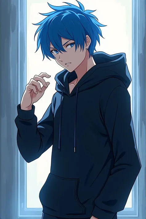 Creat anime character ( tall boy)with blue hair wearing black hoodies and trying to explain something to us 