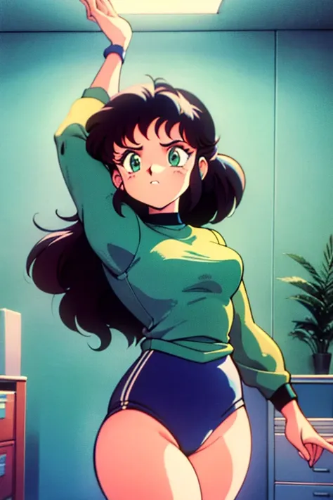 1990s (style), 1980s (style), retro artstyle, a girl, long black hair, green eyes, mean face, wavy hair, fit body, dressed in a ...