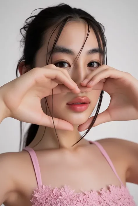 She is in a pose wearing a sexy camisole, making a firm big heart shape with both hands, and holding it in front of her chest, Cute smile up、Monotone background

