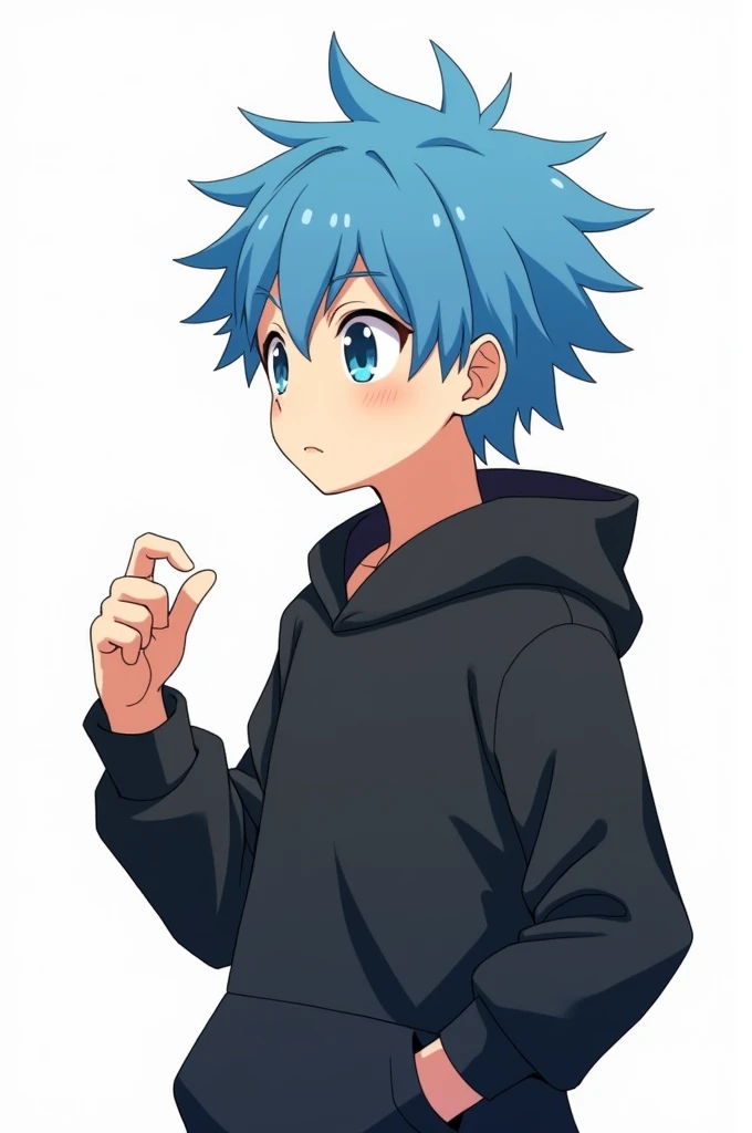 Creat anime character (boy) with blue hair wearing black hoodies and trying to explain something to us with white background 