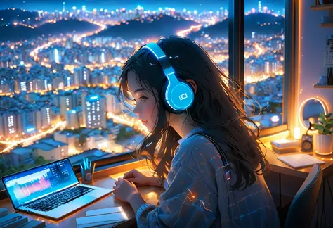 beautiful girl studying in her room while listening to music with headphones、long hair、warm indirect lighting、beautiful cityscap...