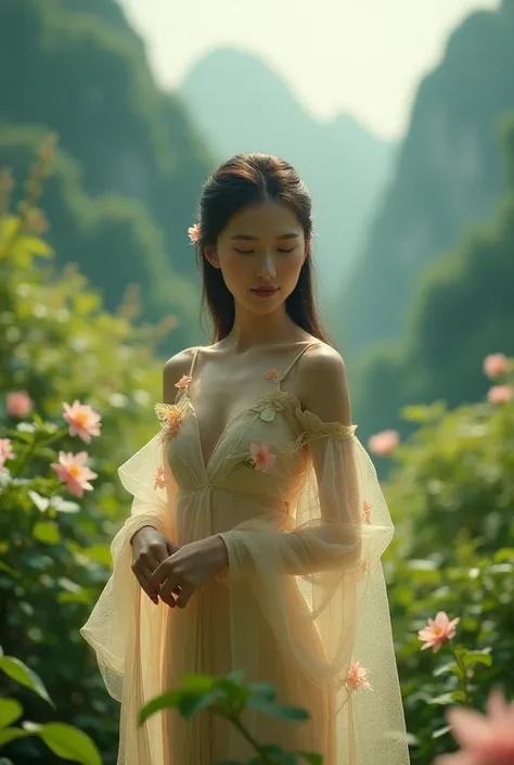 In a lush indoor garden、A Japanese woman is wearing a floral sheer top、 with breasts and soft flowers in the background in lush green mountains、 creates harmony between nature and beauty。