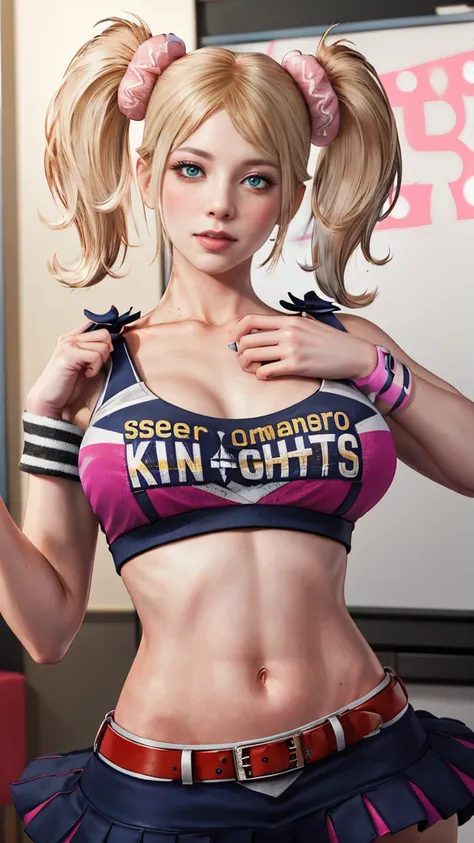 masterpiece, absurdres, juliet starling, twintails, cheerleader, crop top, clothes writing, skirt, thighhighs, belt, wristband, midriff, 1girl, solo, mature female, perfect composition, detailed lips, huge breast, beautiful face, body proportion, blush, (p...