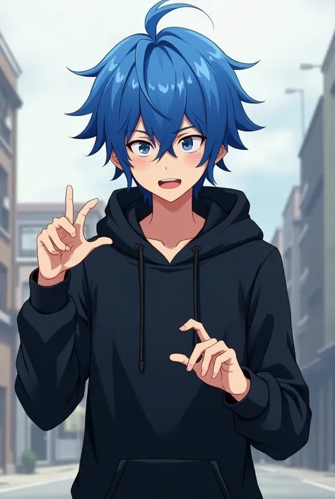 Creat anime character ( tall boy ) with blue hair wearing black hoodies trying to explain something looking front 