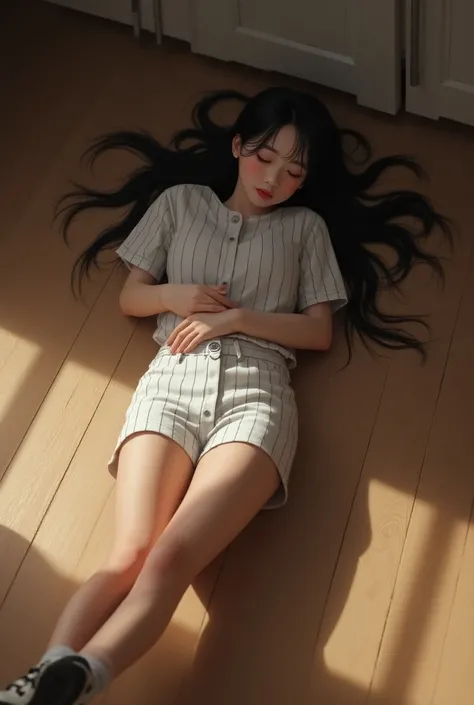 A realistic beautiful woman sleeping floor in shoes and short baseball uniform 